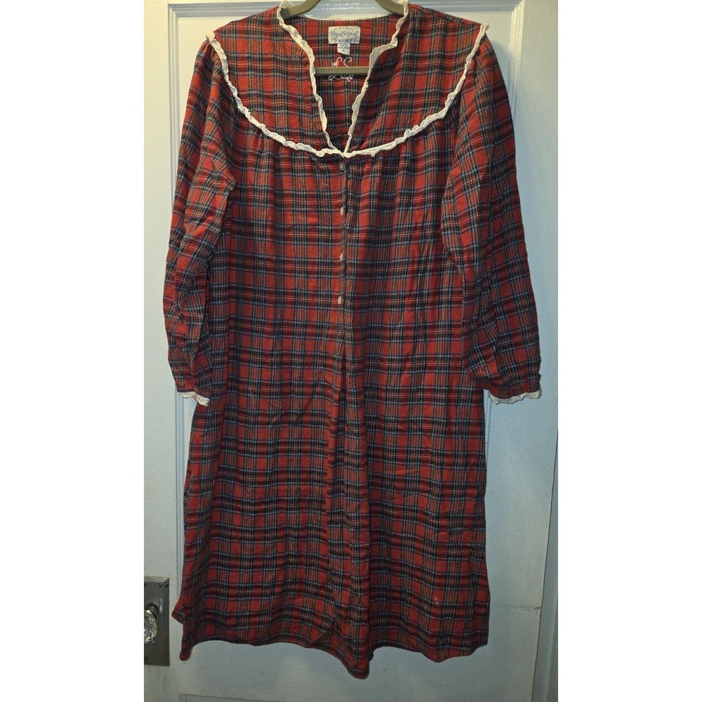 Lanz of Salzburg Red Plaid Flannel Nightgown Button Front Lace Trim Collared. M